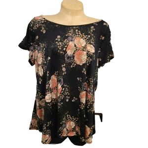 Women's XL Navy Floral Shirt cold Shoulder Short Sleeve Scoop Neck Per Seption